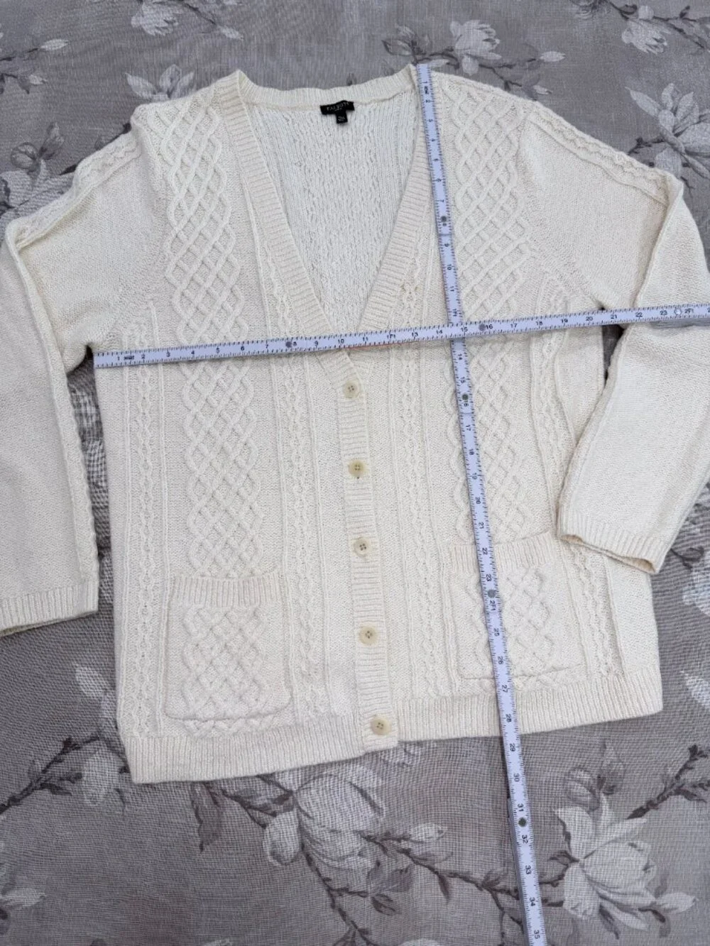 Talbots Petites XL Cream Cable Knit Cardigan Cotton Button Front Preppy